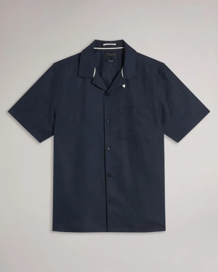 Short Sleeve Tencel Linen Revera Collar Shirt Navy Men Ted Baker Clothing