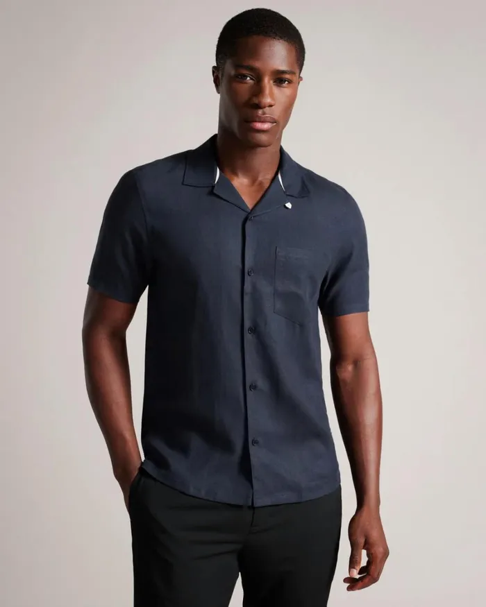 Short Sleeve Tencel Linen Revera Collar Shirt Navy Men Ted Baker Clothing