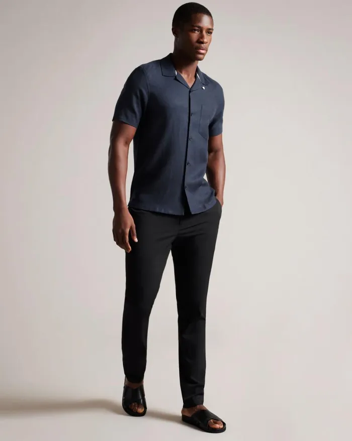 Short Sleeve Tencel Linen Revera Collar Shirt Navy Men Ted Baker Clothing