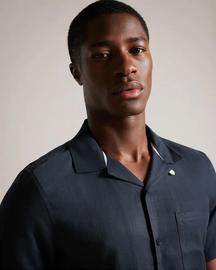 Short Sleeve Tencel Linen Revera Collar Shirt Navy Men Ted Baker Clothing