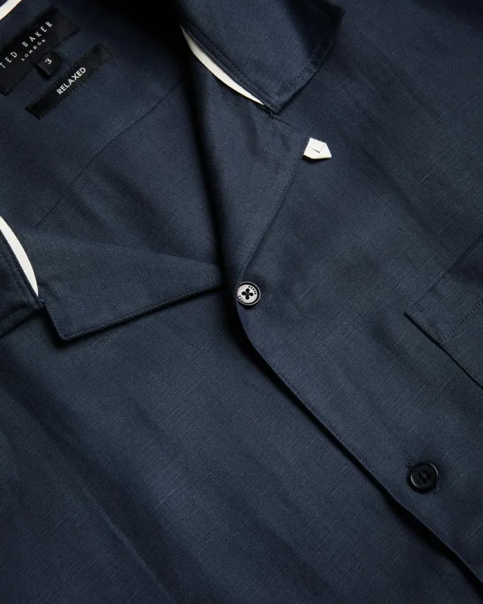 Short Sleeve Tencel Linen Revera Collar Shirt Navy Men Ted Baker Clothing
