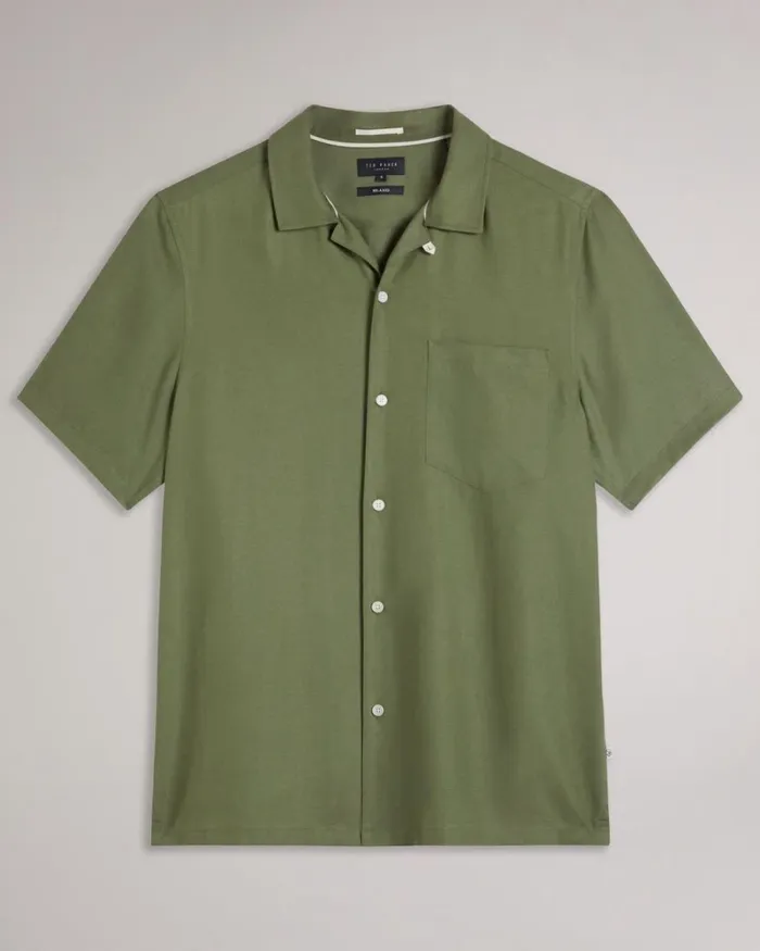 Short Sleeve Tencel Linen Revera Collar Shirt Olive Men Ted Baker Clothing