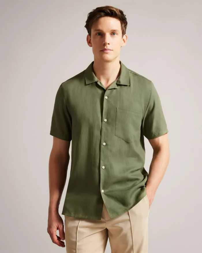 Short Sleeve Tencel Linen Revera Collar Shirt Olive Men Ted Baker Clothing