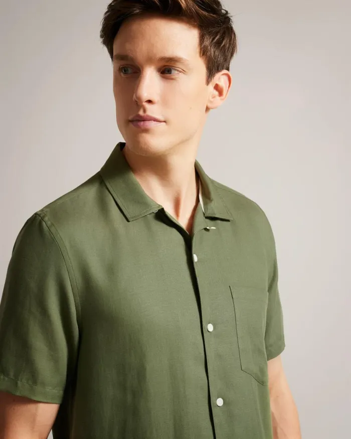 Short Sleeve Tencel Linen Revera Collar Shirt Olive Men Ted Baker Clothing