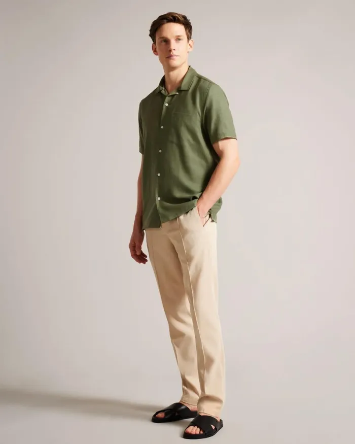 Short Sleeve Tencel Linen Revera Collar Shirt Olive Men Ted Baker Clothing