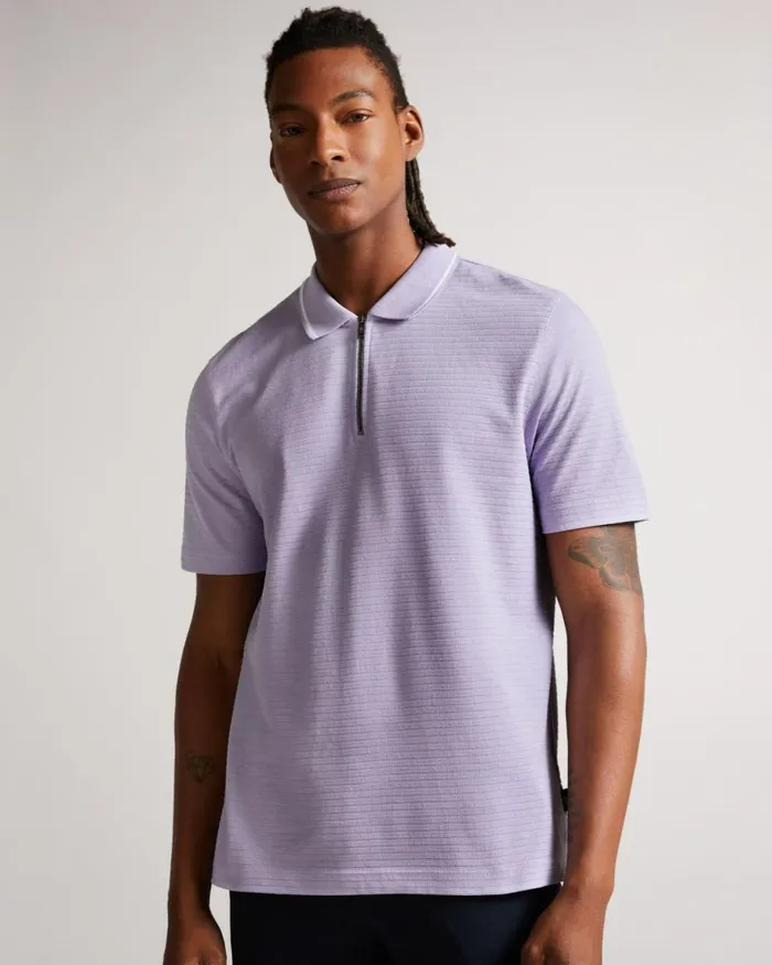 Short Sleeve Textured Zip Polo Shirt LtPurple Men Ted Baker Clothing