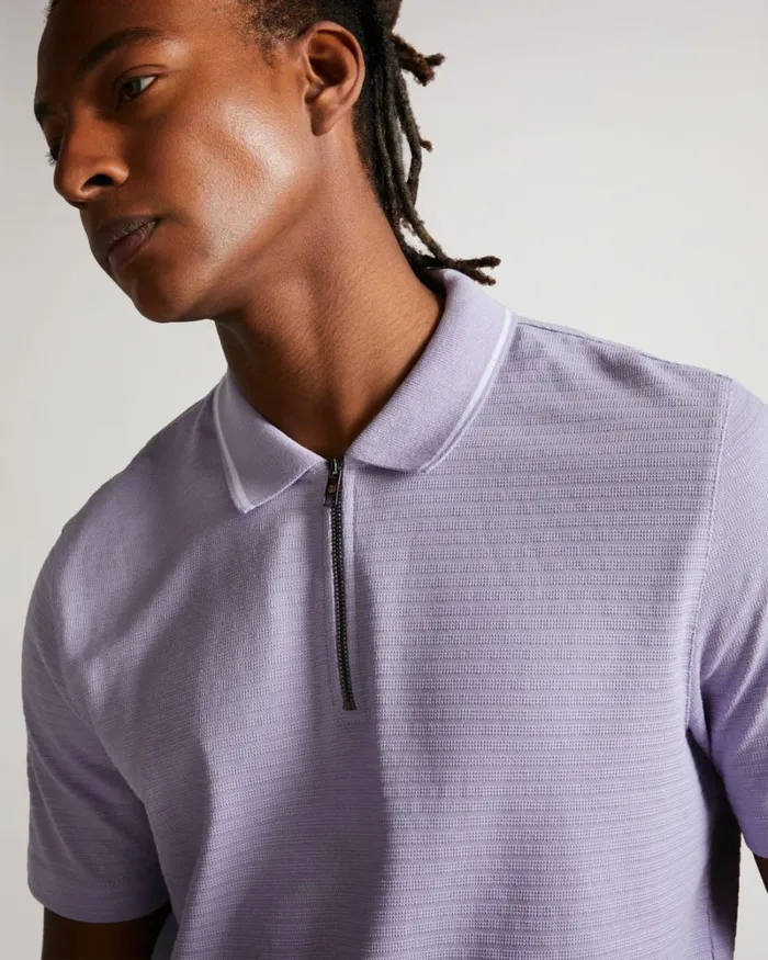 Short Sleeve Textured Zip Polo Shirt LtPurple Men Ted Baker Clothing
