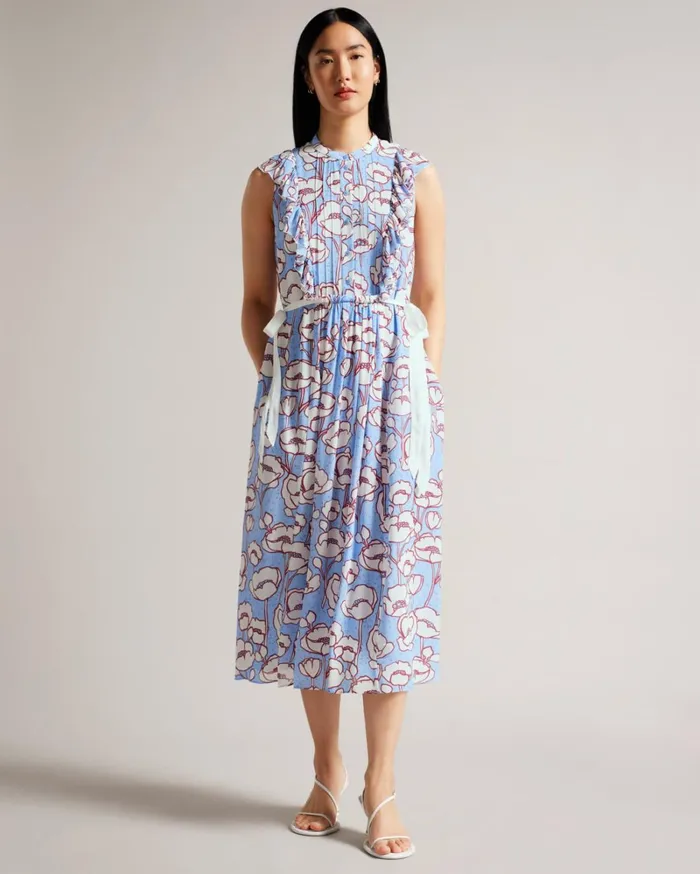 Sleeveless Frilled Midi Dress Blue Women Ted Baker Clothing Sleeveless Frilled Midi Dress Blue Women Ted Baker Clothing