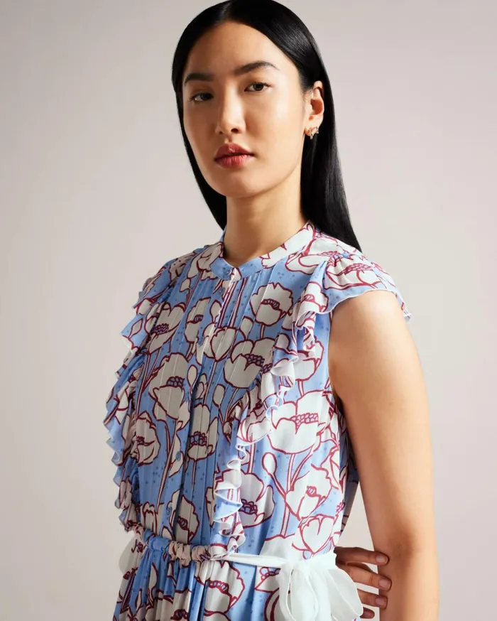 Sleeveless Frilled Midi Dress Blue Women Ted Baker Clothing Sleeveless Frilled Midi Dress Blue Women Ted Baker Clothing