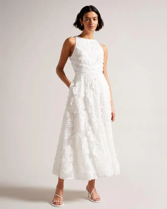 Sleeveless Midaxi Dress With Rose Texture White Women Ted Baker Dresses Sleeveless Midaxi Dress With Rose Texture White Women Ted Baker Dresses