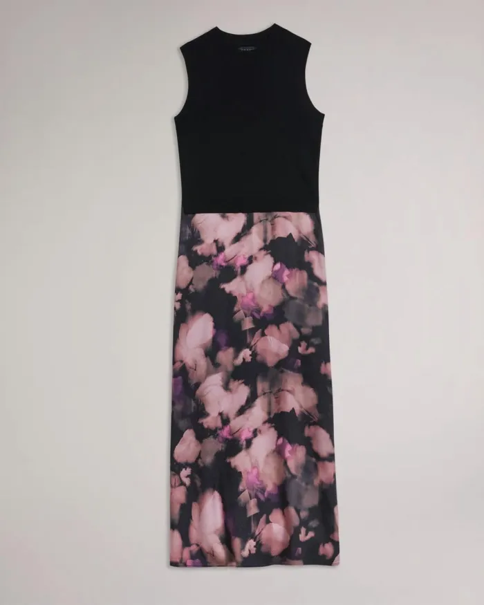 Sleeveless Mockable Dress With Floral Slip Skirt Black Women Ted Baker Clothing