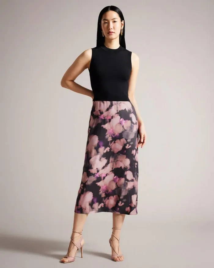 Sleeveless Mockable Dress With Floral Slip Skirt Black Women Ted Baker Clothing Sleeveless Mockable Dress With Floral Slip Skirt Black Women Ted Baker Clothing