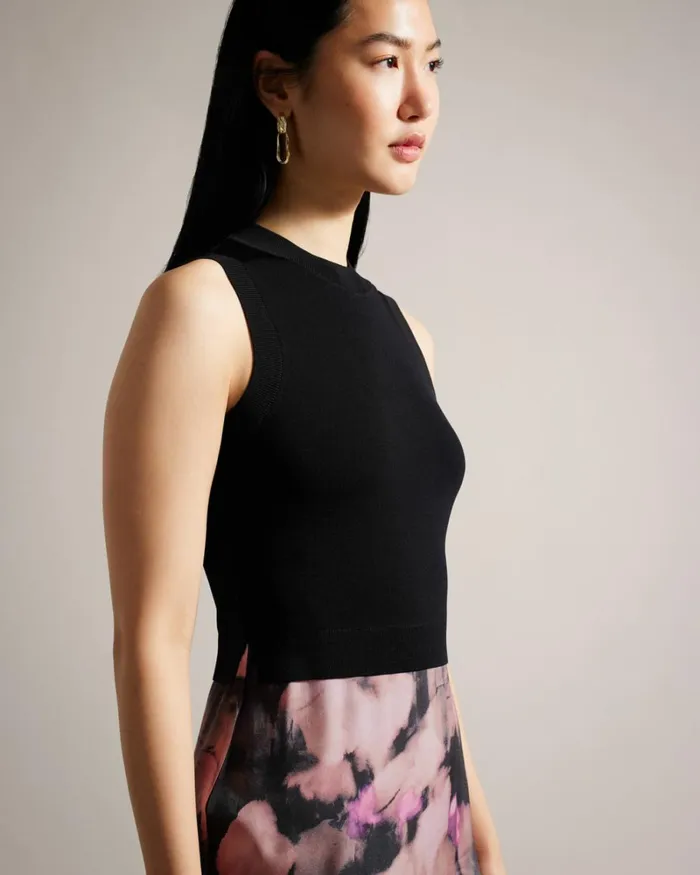 Sleeveless Mockable Dress With Floral Slip Skirt Black Women Ted Baker Clothing Sleeveless Mockable Dress With Floral Slip Skirt Black Women Ted Baker Clothing