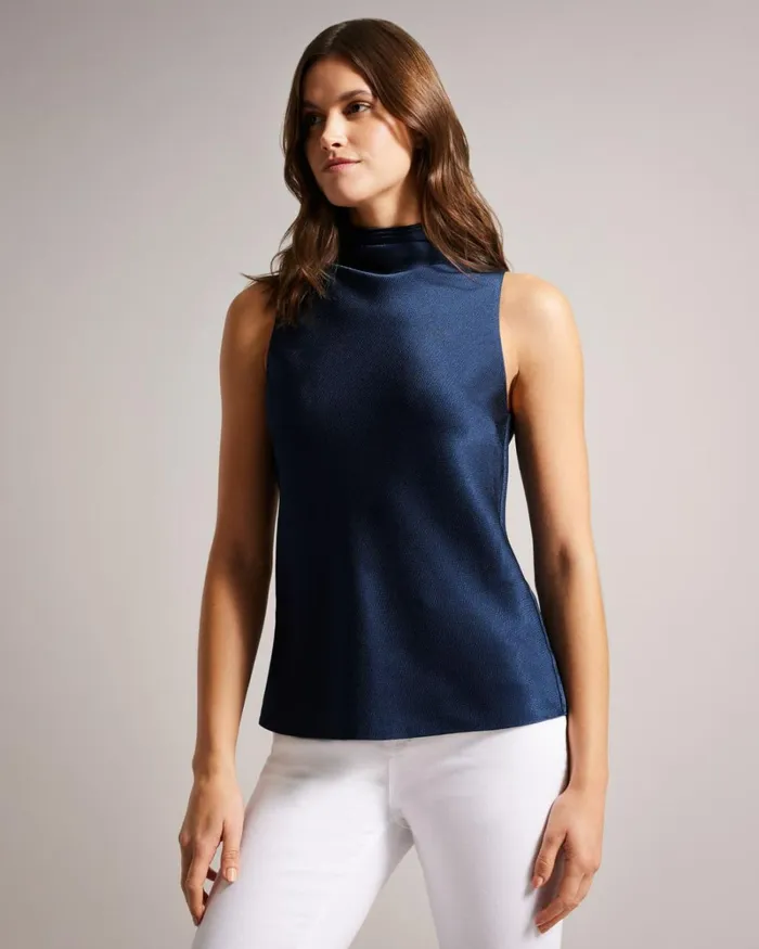 Sleeveless Satin Cowl Neck Top Dark Blue Women Ted Baker Clothing