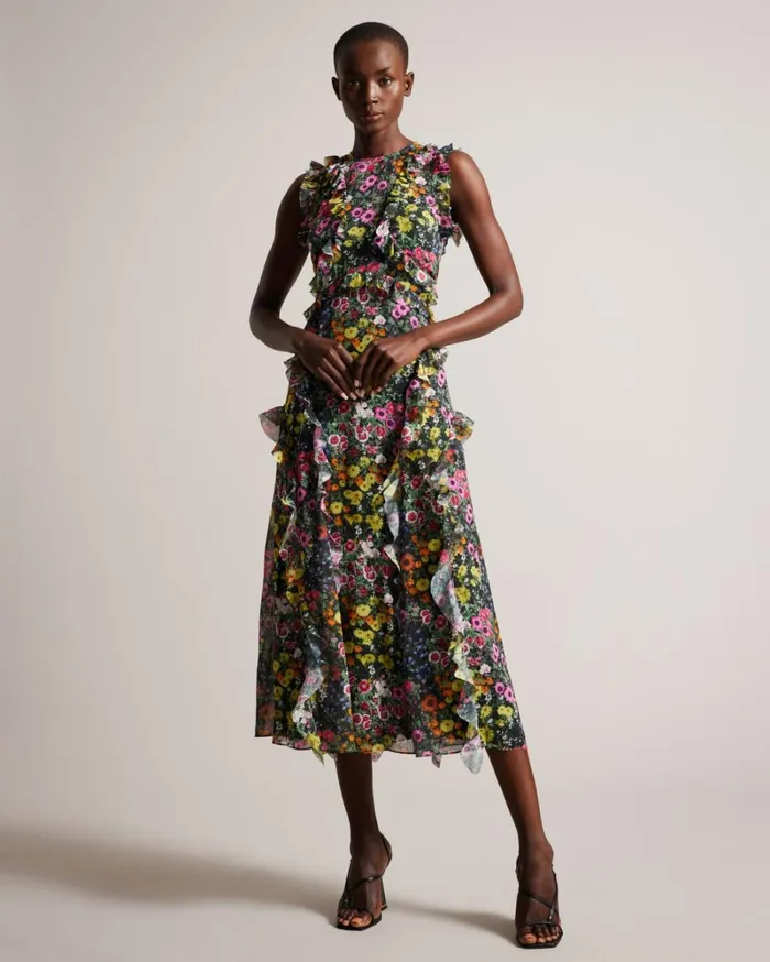 Sleeveless Waterfall Midi Dress Black Women Ted Baker Clothing