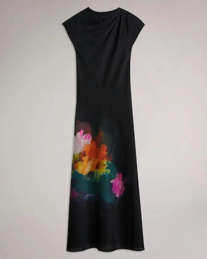 Slip Midi Dress With Pleated Neckline Black Women Ted Baker Clothing