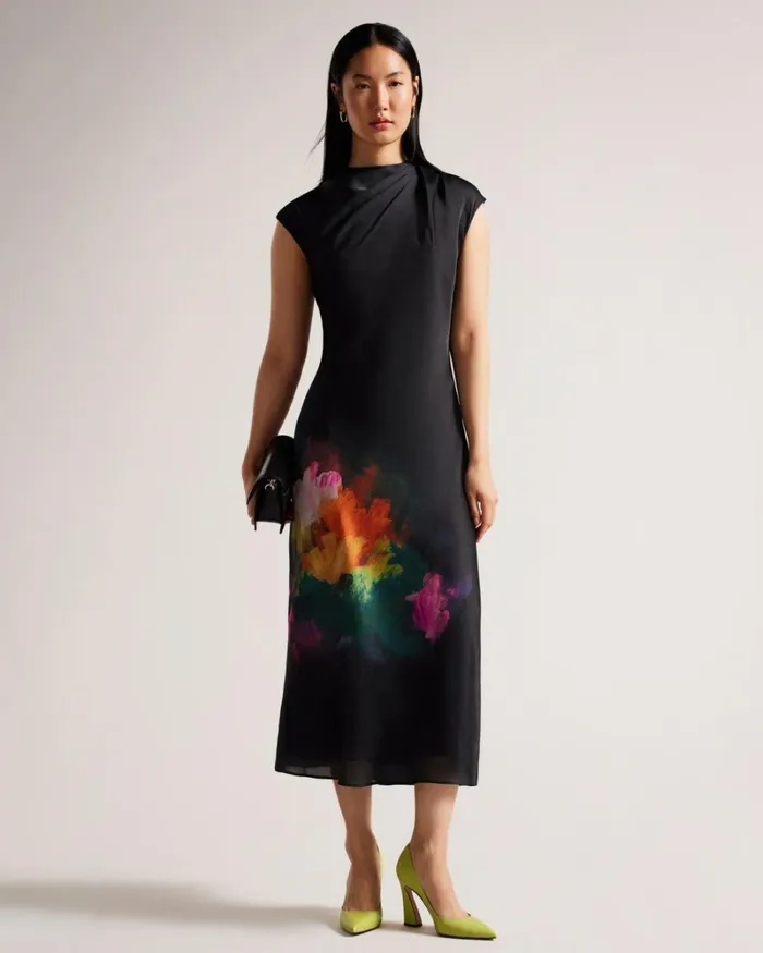 Slip Midi Dress With Pleated Neckline Black Women Ted Baker Clothing