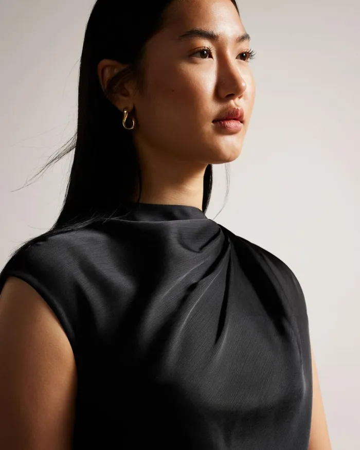 Slip Midi Dress With Pleated Neckline Black Women Ted Baker Clothing