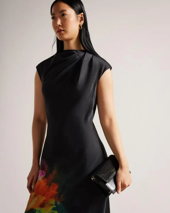 Slip Midi Dress With Pleated Neckline Black Women Ted Baker Clothing