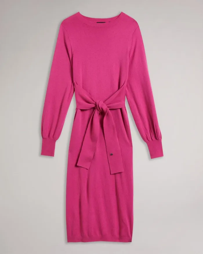 Slouchy Tie Front Midi Knit Dress Bright Pink Women Ted Baker Clothing
