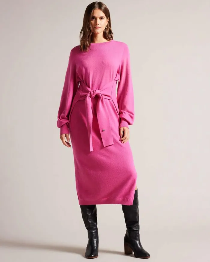 Slouchy Tie Front Midi Knit Dress Bright Pink Women Ted Baker Clothing Slouchy Tie Front Midi Knit Dress Bright Pink Women Ted Baker Clothing