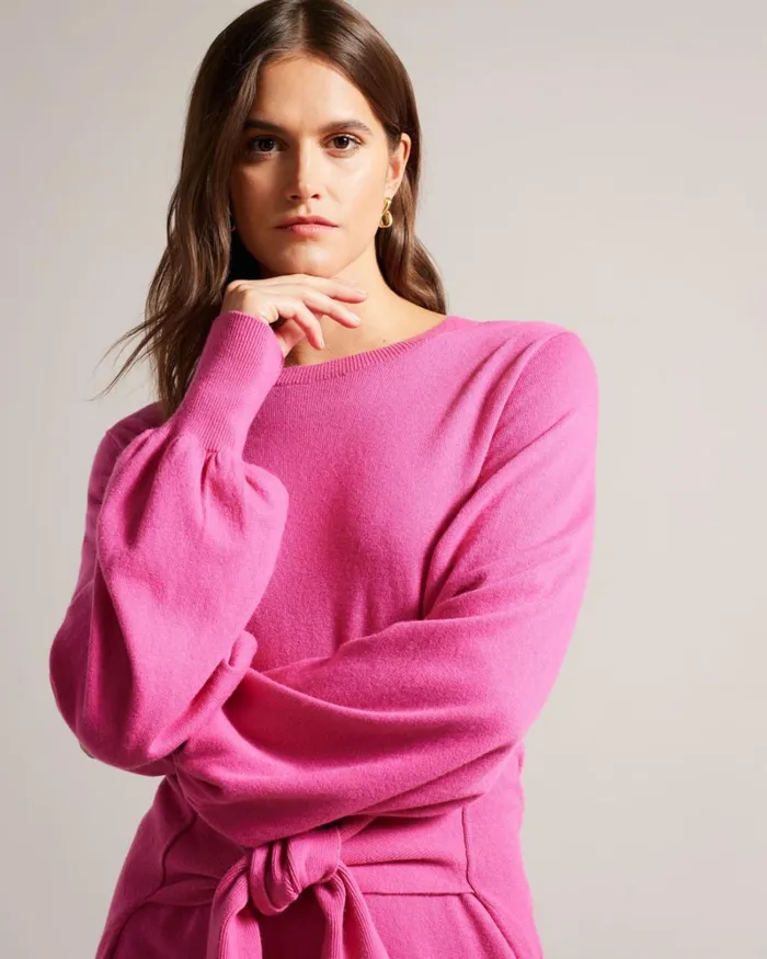 Slouchy Tie Front Midi Knit Dress Bright Pink Women Ted Baker Clothing Slouchy Tie Front Midi Knit Dress Bright Pink Women Ted Baker Clothing