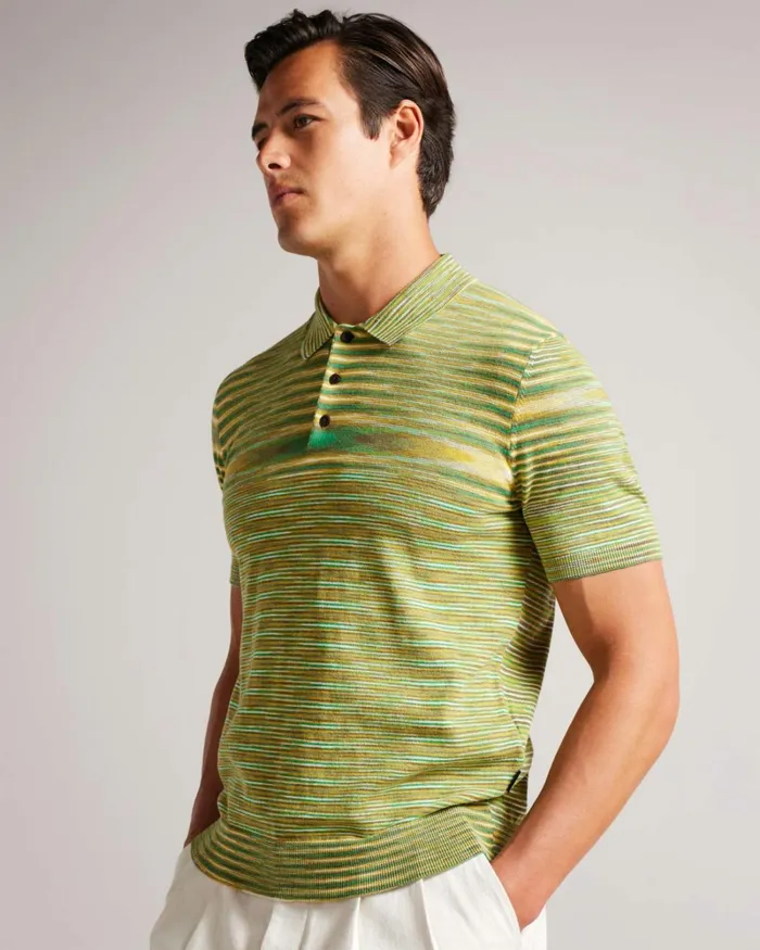 Space Dye Stripe Knitted Polo Shirt Bright Green Men Ted Baker Tops Space Dye Stripe Knitted Polo Shirt Bright Green Men Ted Baker Tops