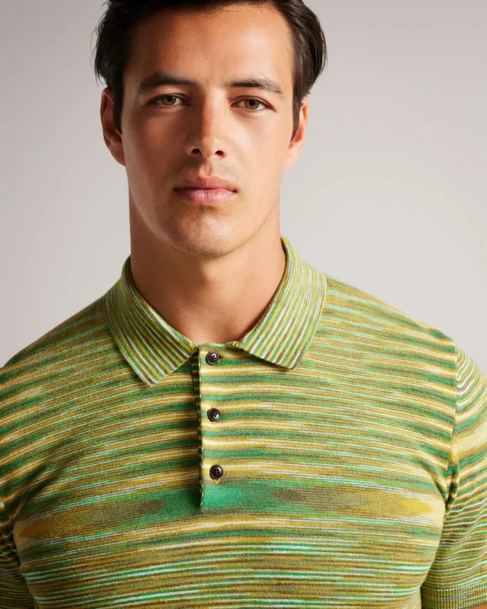 Space Dye Stripe Knitted Polo Shirt Bright Green Men Ted Baker Tops Space Dye Stripe Knitted Polo Shirt Bright Green Men Ted Baker Tops