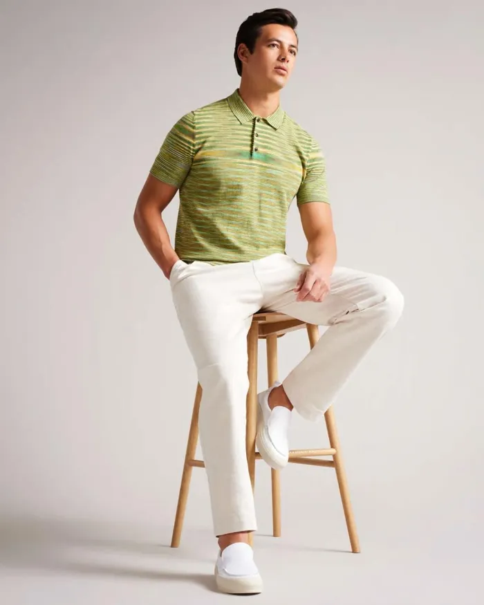 Space Dye Stripe Knitted Polo Shirt Bright Green Men Ted Baker Tops Space Dye Stripe Knitted Polo Shirt Bright Green Men Ted Baker Tops