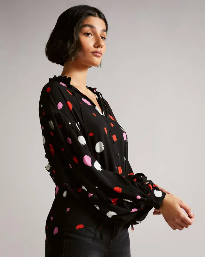 Spot Print Frilled Blouse Black Women Ted Baker Tops and TShirts