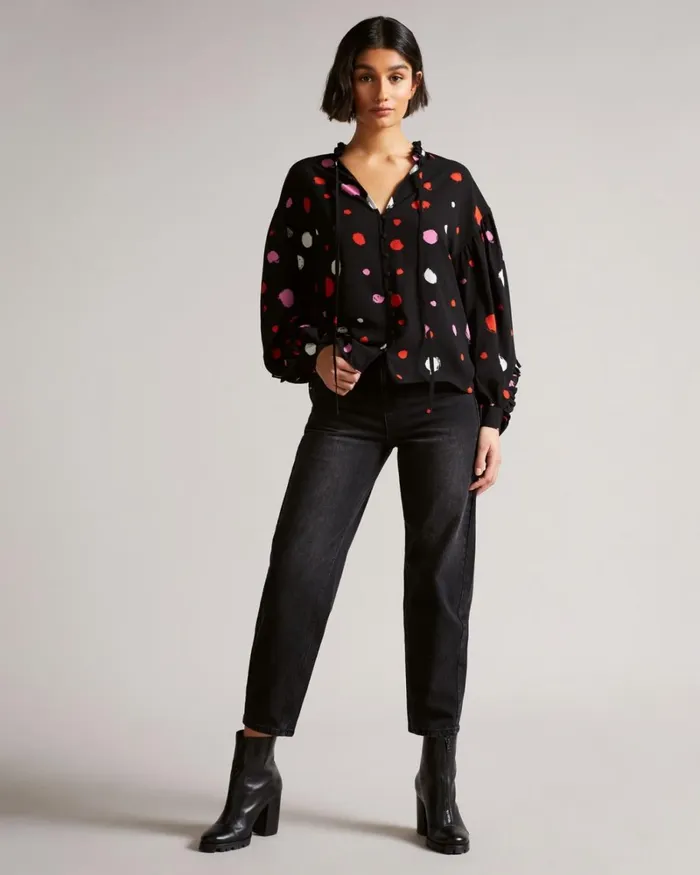 Spot Print Frilled Blouse Black Women Ted Baker Tops and TShirts