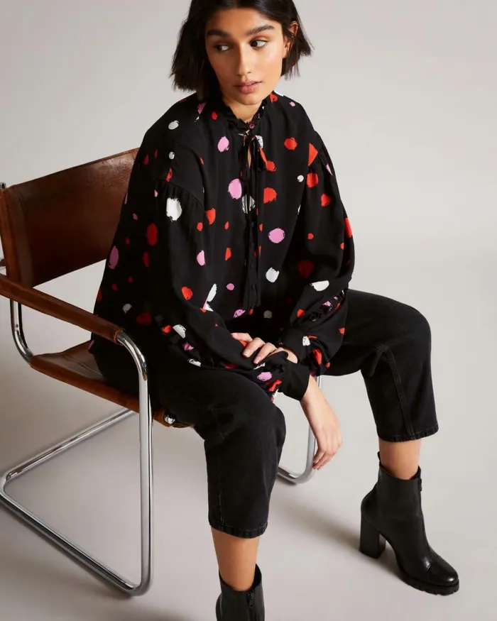 Spot Print Frilled Blouse Black Women Ted Baker Tops and TShirts