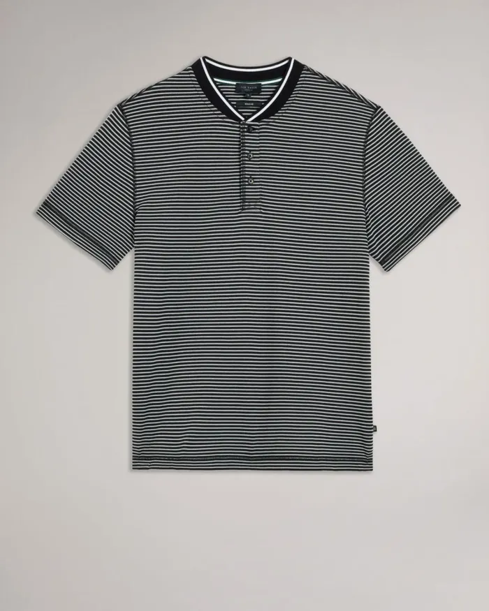 Striped Polo Shirt With Grandad Collar Black Men Ted Baker Clothing