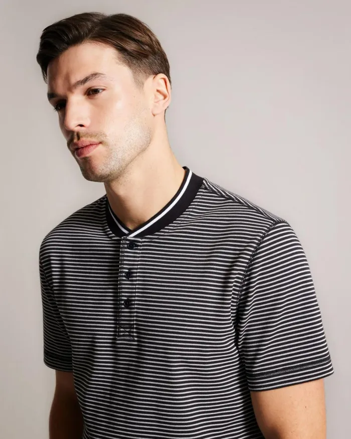 Striped Polo Shirt With Grandad Collar Black Men Ted Baker Clothing Striped Polo Shirt With Grandad Collar Black Men Ted Baker Clothing