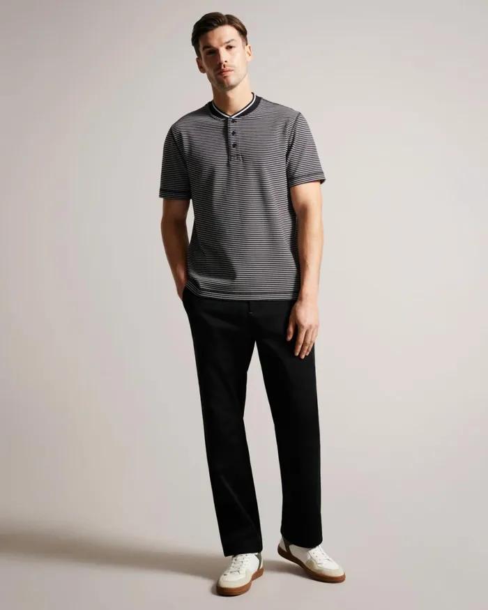 Striped Polo Shirt With Grandad Collar Black Men Ted Baker Clothing Striped Polo Shirt With Grandad Collar Black Men Ted Baker Clothing