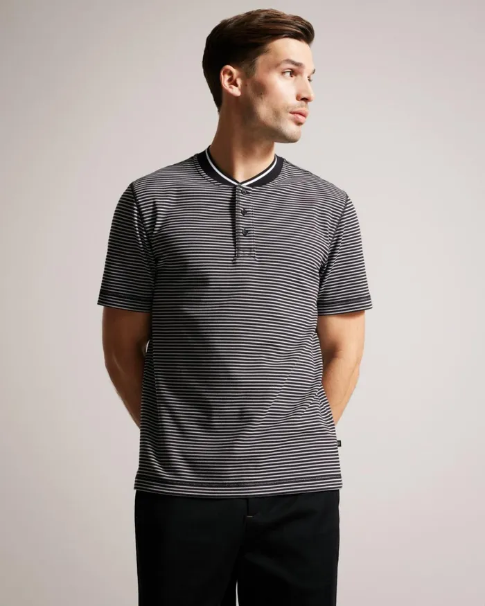 Striped Polo Shirt With Grandad Collar Black Men Ted Baker Clothing Striped Polo Shirt With Grandad Collar Black Men Ted Baker Clothing