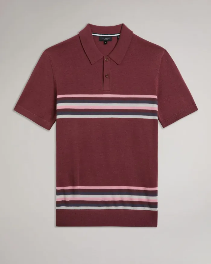 Striped Wool Polo Shirt Maroon Men Ted Baker Clothing