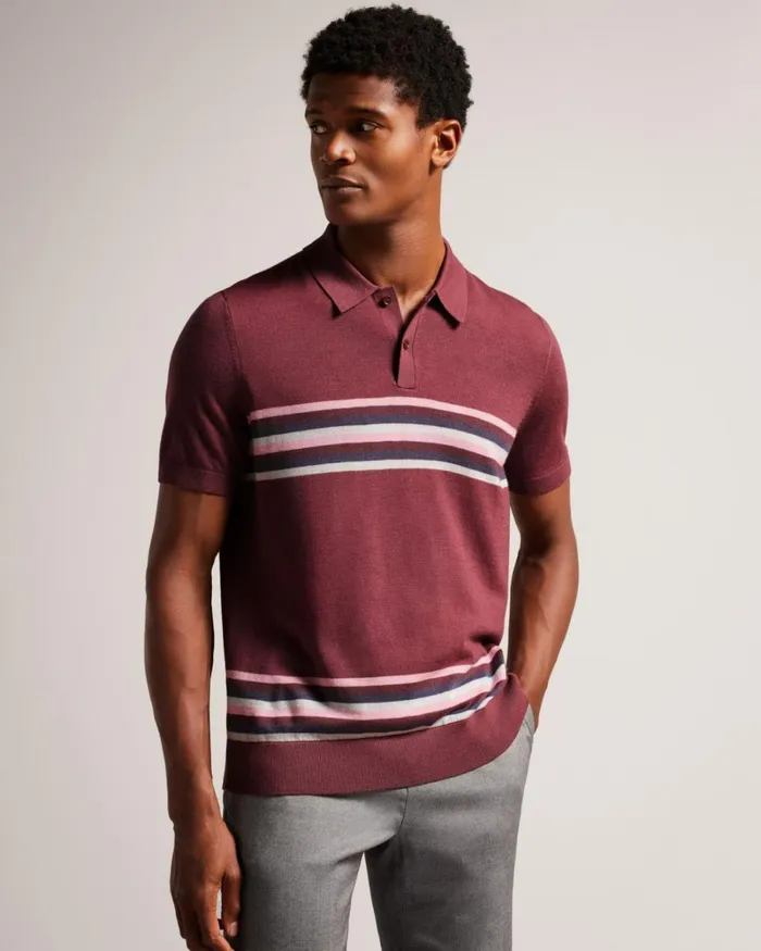 Striped Wool Polo Shirt Maroon Men Ted Baker Clothing
