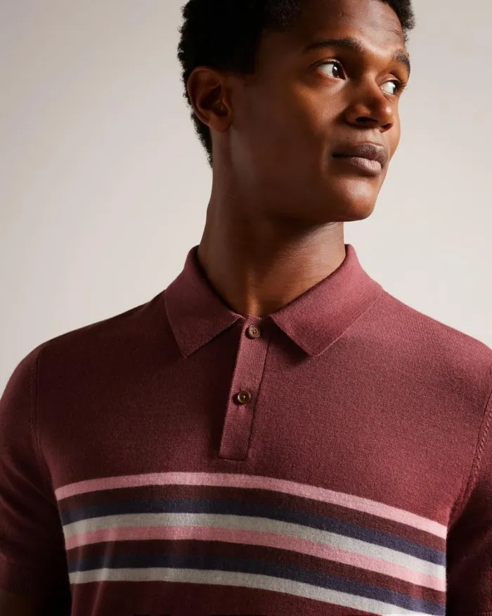 Striped Wool Polo Shirt Maroon Men Ted Baker Clothing