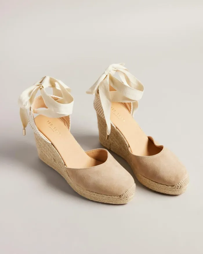 Suede Ribbon Tie Wedges Taupe Women Ted Baker Sandals and Sliders Suede Ribbon Tie Wedges Taupe Women Ted Baker Sandals and Sliders