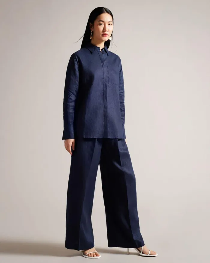 Tailored Linen Wide Leg Trousers Navy Women Ted Baker Clothing