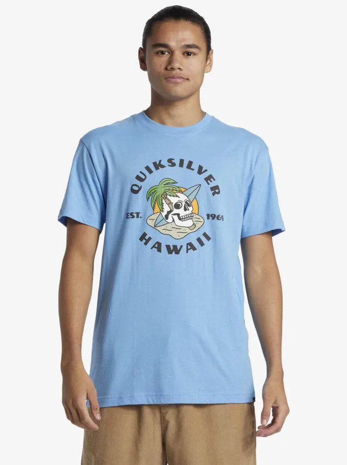 Tees Men Quiksilver Hawaii Palm And Skull TShirt Azure Blue Tees Men Quiksilver Hawaii Palm And Skull TShirt Azure Blue