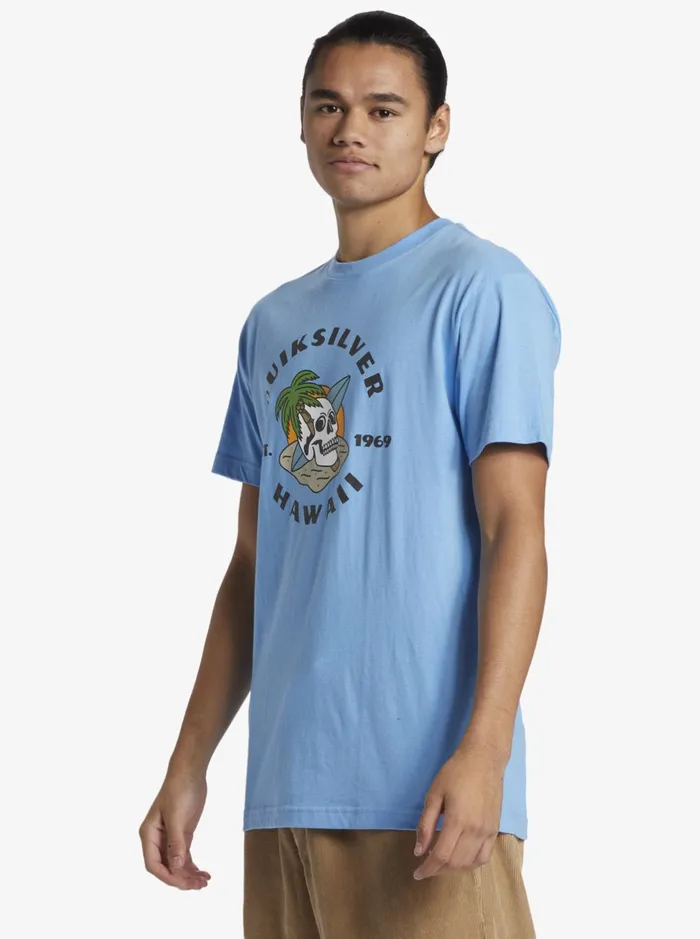 Tees Men Quiksilver Hawaii Palm And Skull TShirt Azure Blue Tees Men Quiksilver Hawaii Palm And Skull TShirt Azure Blue