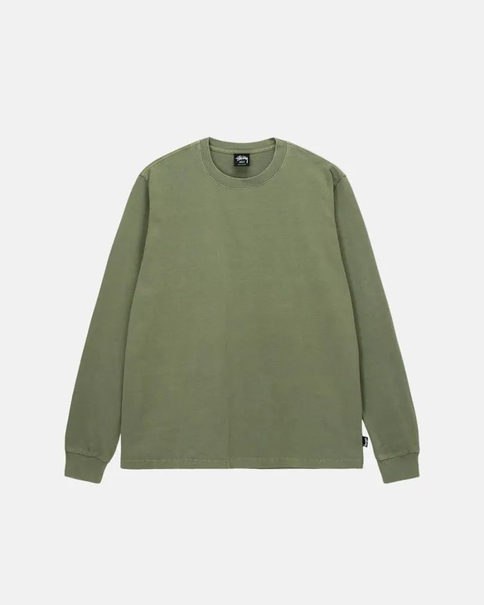 Tees Men Stussy HEAVYWEIGHT PIGMENT DYED LS CREW Olive