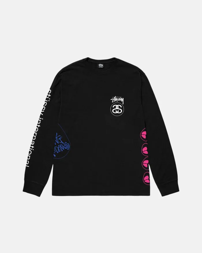 Tees Men Stussy TEST STRIKE PIGMENT DYED LS TEE Black Tees Men Stussy TEST STRIKE PIGMENT DYED LS TEE Black