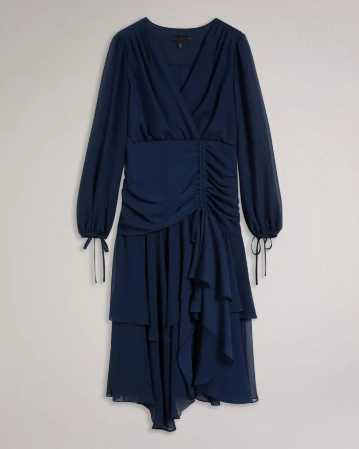 Tiered Midi Dress With Ruched Waist Dark Blue Women Ted Baker Clothing