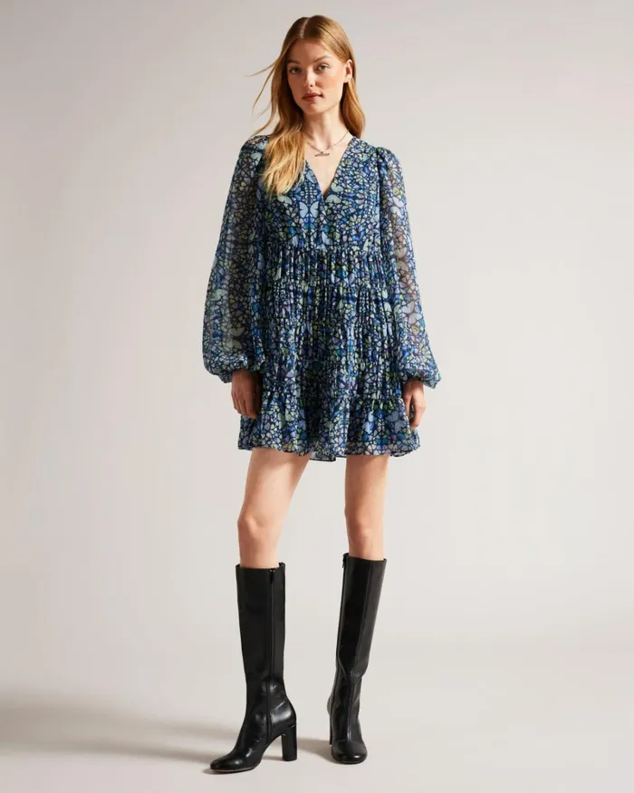 Tiered Swing Mini Dress Medium Blue Women Ted Baker Clothing Tiered Swing Mini Dress Medium Blue Women Ted Baker Clothing