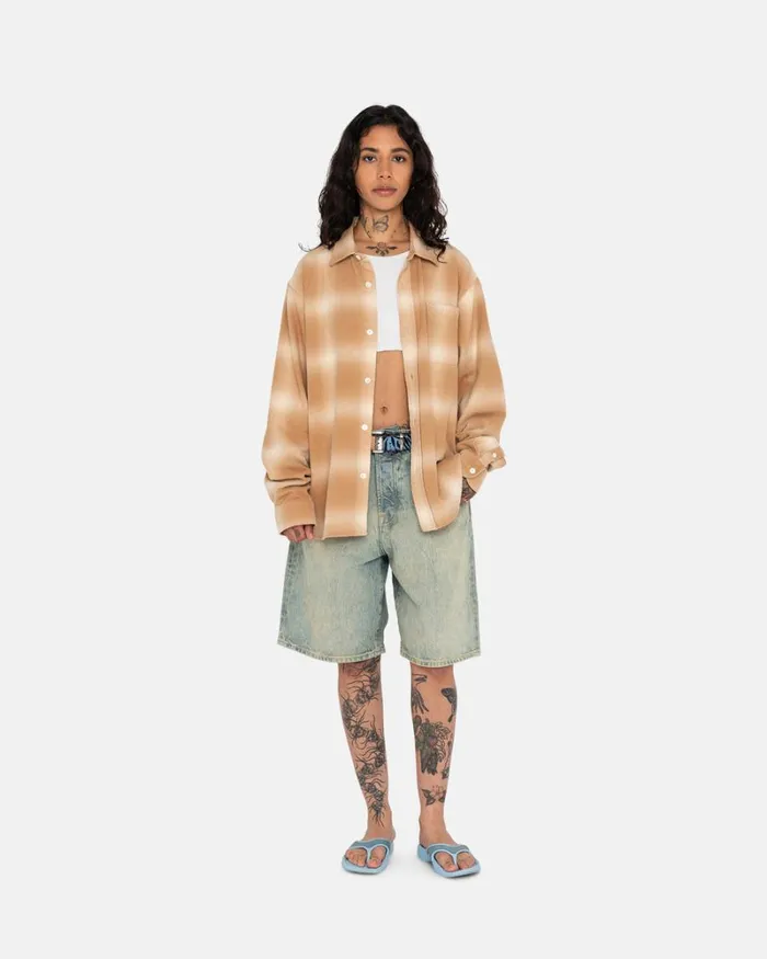 Tops and Shirts Men Stussy BAY PLAID SHIRT Tan Tops and Shirts Men Stussy BAY PLAID SHIRT Tan
