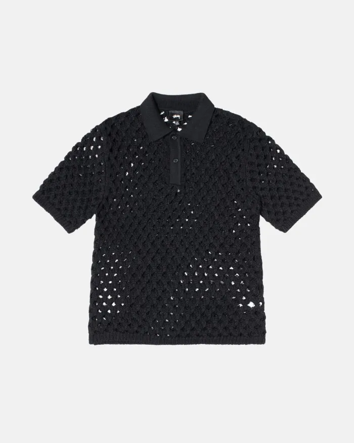 Tops and Shirts Men Stussy BIG MESH POLO SWEATER Black