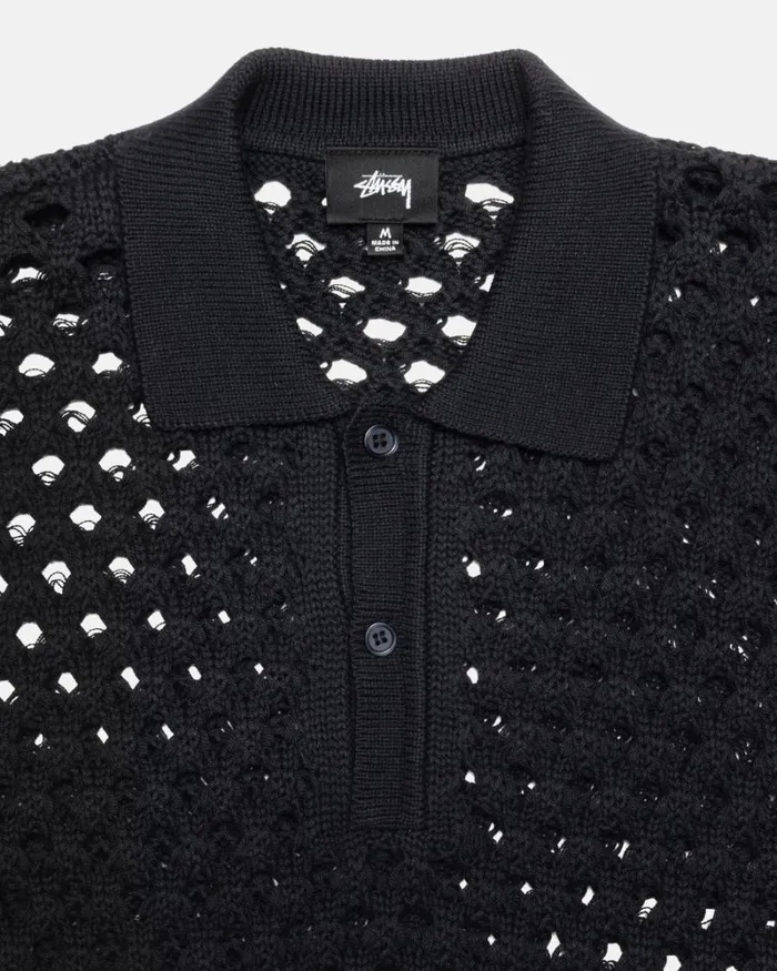 Tops and Shirts Men Stussy BIG MESH POLO SWEATER Black Tops and Shirts Men Stussy BIG MESH POLO SWEATER Black